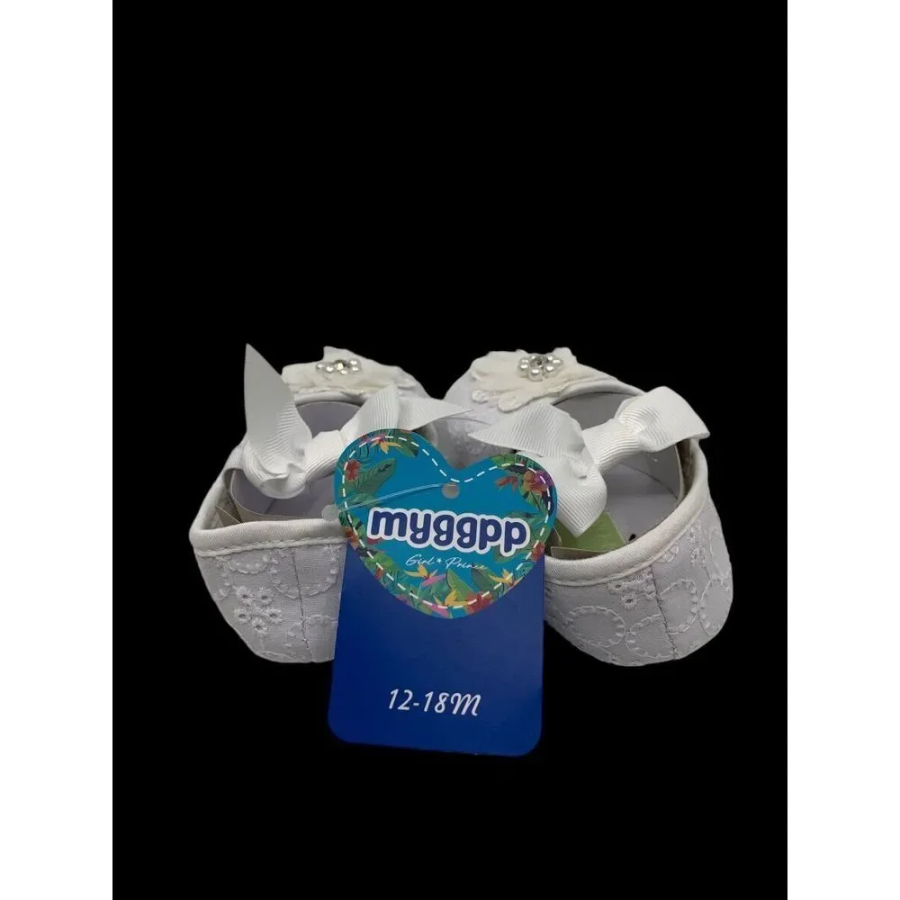 Myggpp Baby Girls Mary Jane Bowknot Eyelet Floral Princess Soft Shoes 12-18‎ Mth